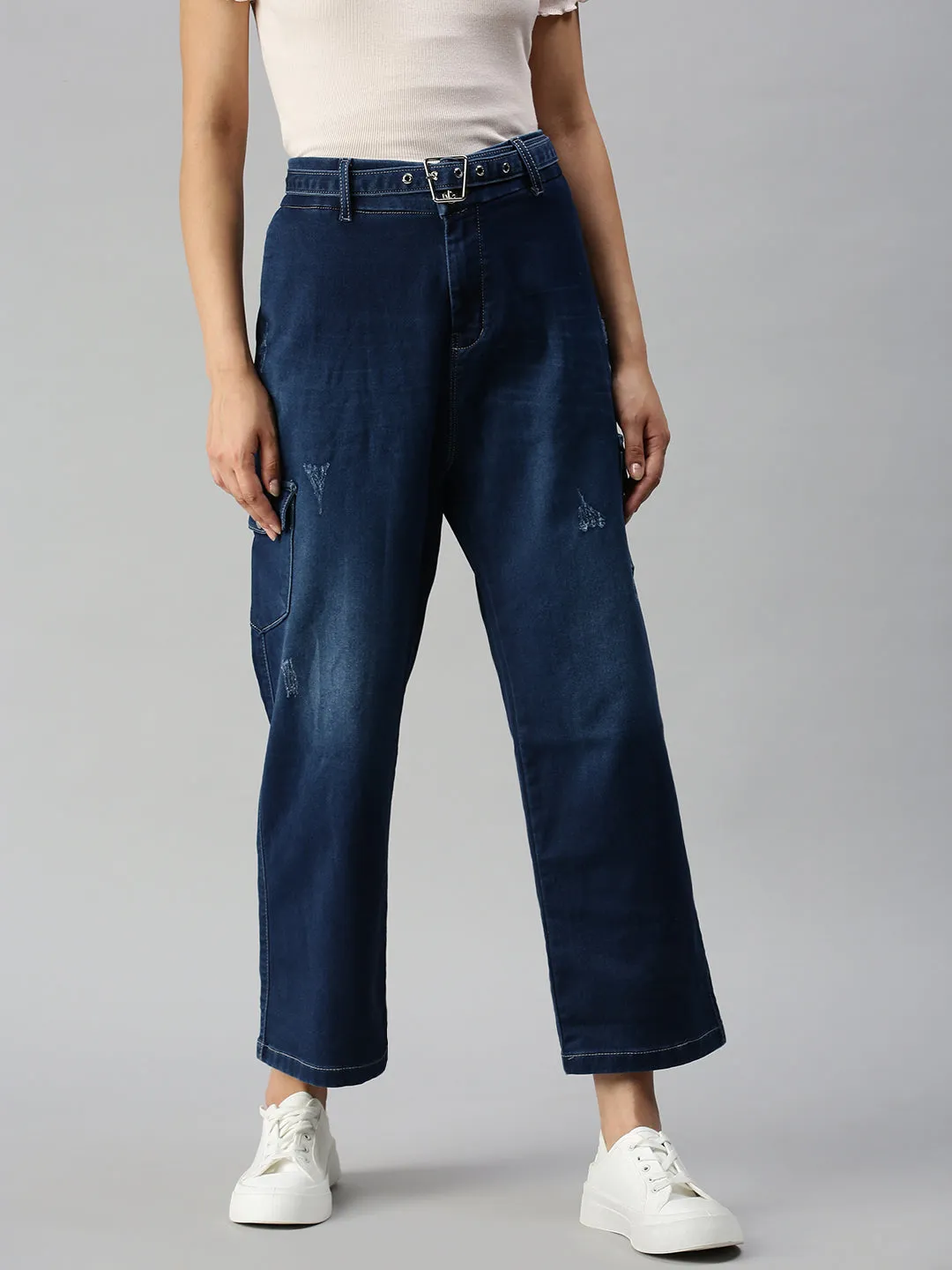 Women's Blue Solid Relaxed Fit Denim Jeans