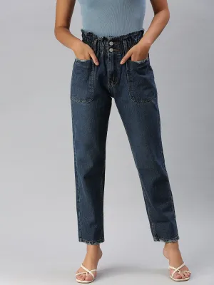 Women's Navy Blue Solid Mom Fit Denim Jeans