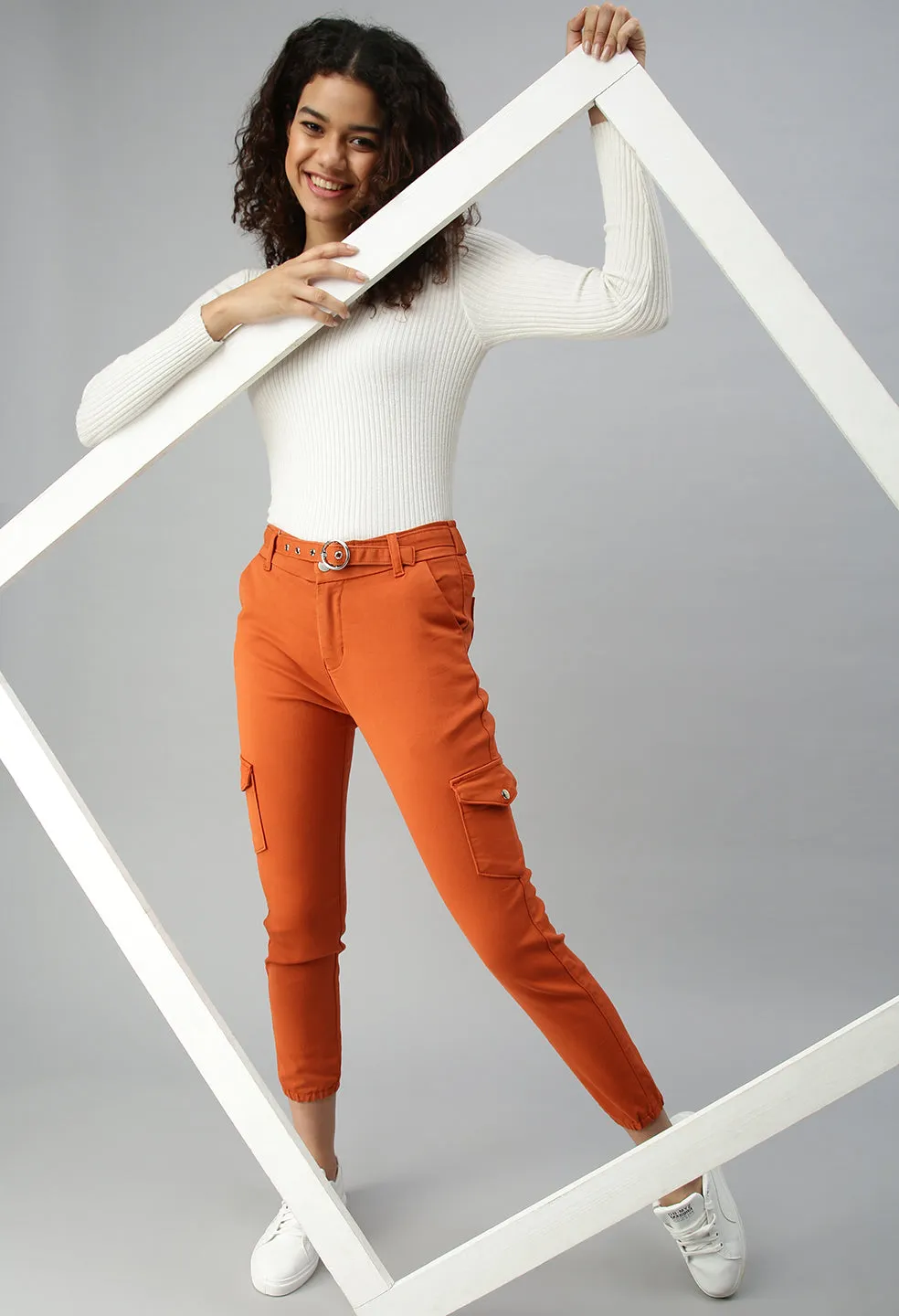 Women's Orange Solid Denim Jeans